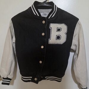 Zara Kids Black and Cream Letterman Jacket